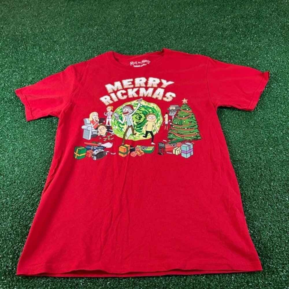 Rick and Morty Merry Rickmas Graphic Tee Adult Swim Cartoon Red Mens Small